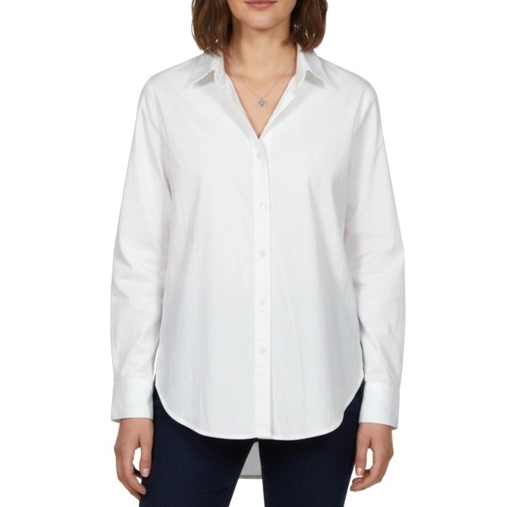 SANCTUARY ANTHROPOLOGIE White TWILL Back Slit V-NECK Button-Up SHIRT/TOP Sz S